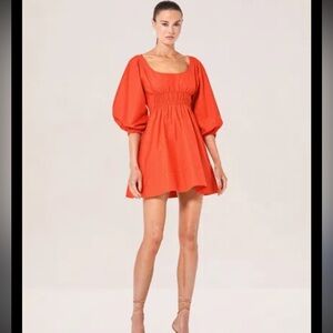 Alexis Sana Puff Sleeve Mini Dress in Red with ruched waist. Size L. Retail $398